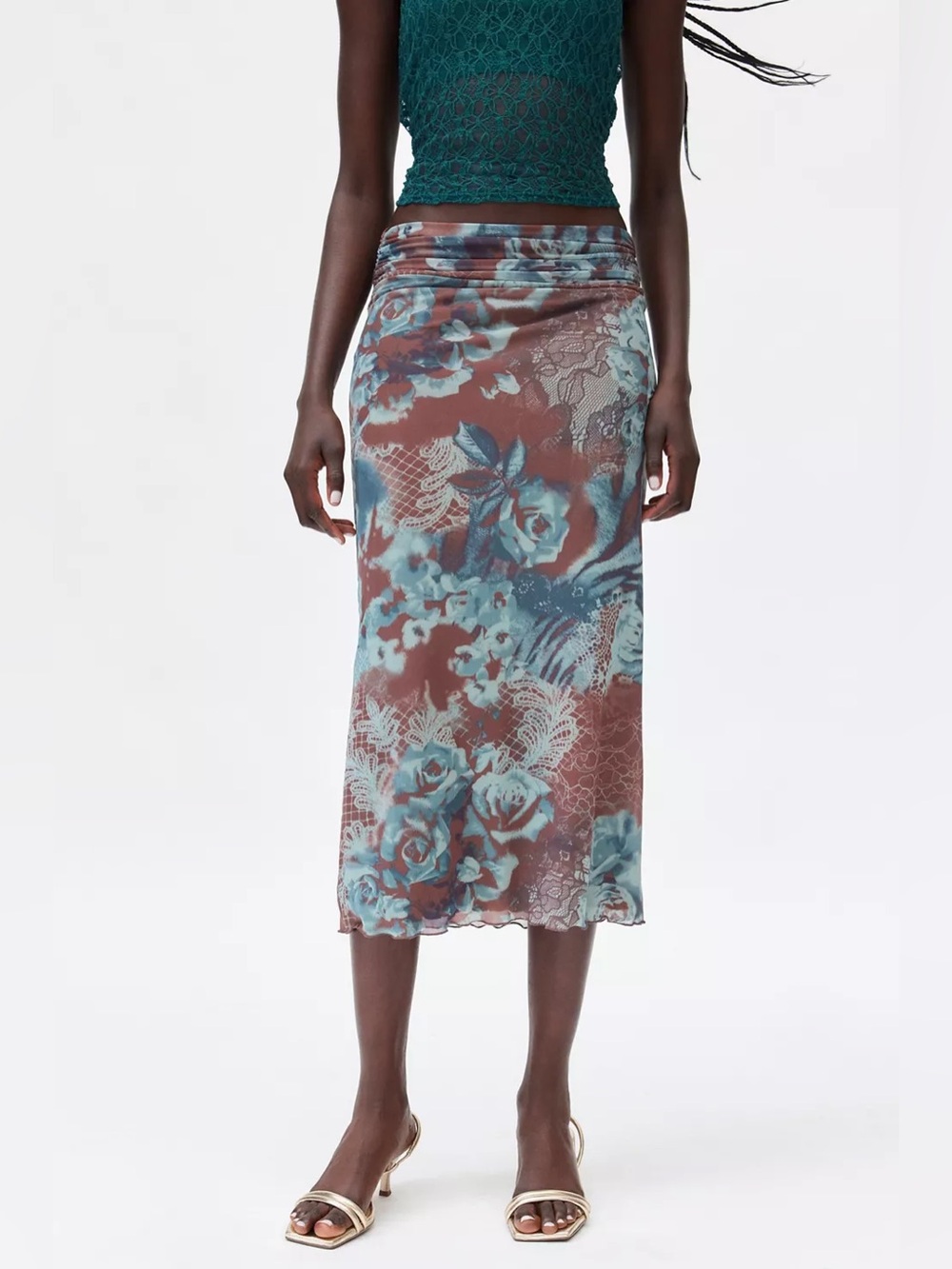 Silence + Noise Naomi Floral Mesh Low Rise Column Maxi Skirt Brown Blue M